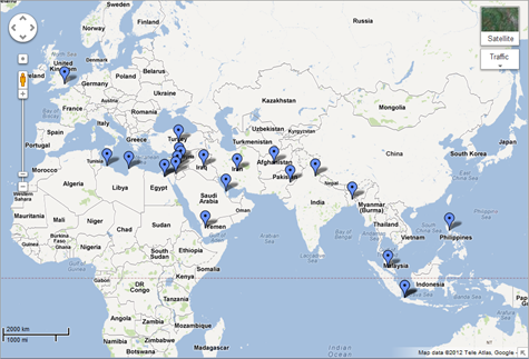 c0 Map of Arab protests as of Saturday September 15, 2012