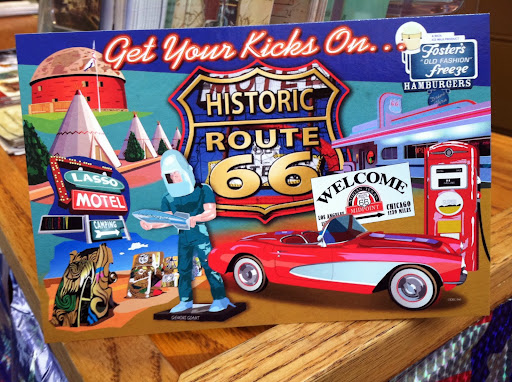 A postcard featuring many of the great sites along historic Route 66. (Photo credit: Rebekah Clark)