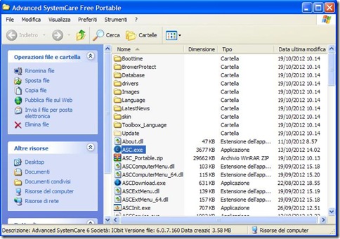 Advanced SystemCare Free contenuto archivio ZIp della versione portable