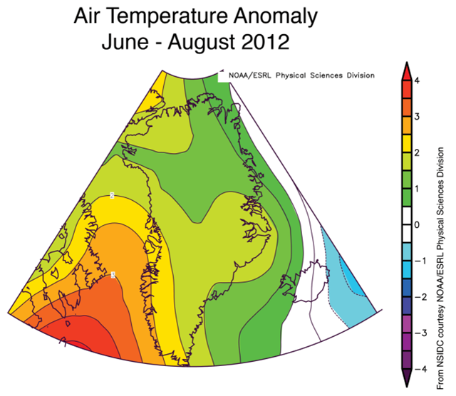 This image of Greenland summer 2012 air temperature anomalies at the 925 hPa level (about 3,000 feet above the surface) shows that all of Greenland experienced warmer than average temperatures, with the strongest warming along the west coast. Temperatures are compared to the 1981 to 2010 average. Graphic: National Snow and Ice Data Center / NOAA/ESRL Physical Sciences Division