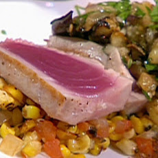 Grilled Yellowfin Tuna with Sweet Corn Salad, Herb Roasted Tomatoes and Eggplant Caviar