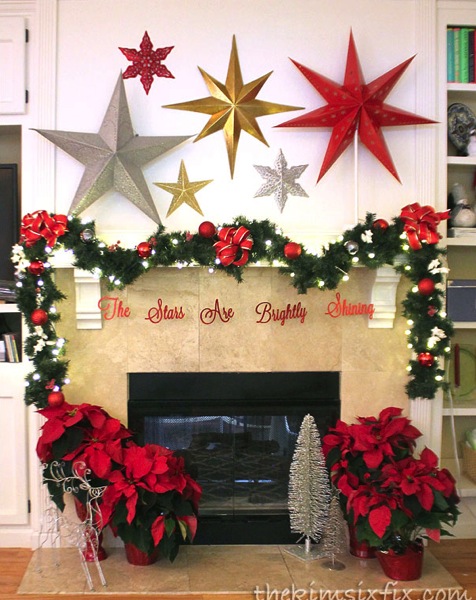 Christmas mantel with stars in gold silver and red. BEAUTIFUL!