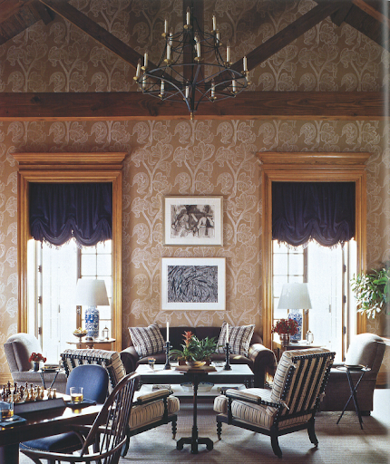 High-quality English and American antiques and custom upholstery contribute to the atmosphere of this cabin at the Alotian Golf Club in Little Rock, Arkansas. High-quality English and American antiques and custom upholstery contribute to the atmosphere of this cabin at the Alotian Golf Club in Little Rock, Arkansas.