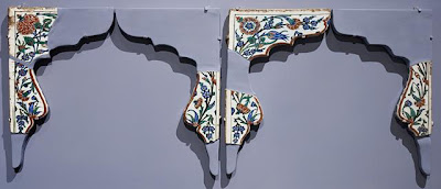 Tile Spandrels (Partially Reconstructed) | Origin: Turkey, Iznik | Period: Late Islamic | Collection: The Madina Collection of Islamic Art, gift of Camilla Chandler Frost (M.2002.1.232a-f) | Type: Ceramic; Architectural element, Fritware, underglaze-painted, Individual spandrel, as restored: 16 1/4 x 17 13/16 x 7/8 in. (41.27 x 45.24 x 2.22 cm)