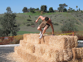Over the hay bails.