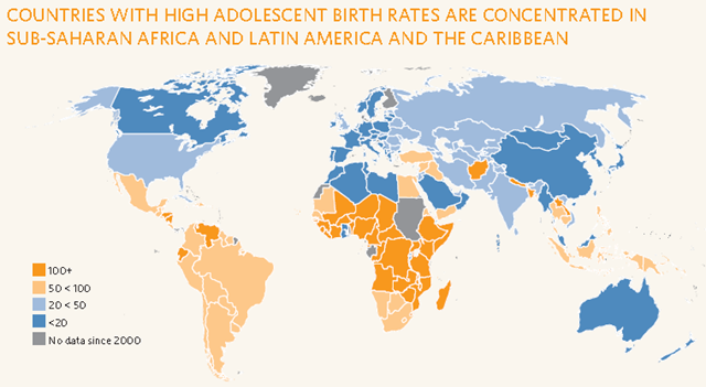 Adolescent birth rates by country, most recent estimates. (Number of births per 1,000 women aged 15-19) UNFPA