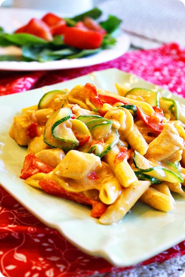 Penne, Chicken and Vegetables in a Garlic Cream Sauce