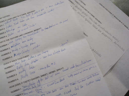 Tasting sheets-the Chorizo-Almond Stuffing with toasted cornbread was the winner