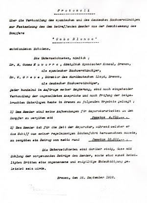 Protokoll del Gobierno Imperial alemán en el que se describe y cuantifica la indemnización al vapor español. Archivo del Ministerio de Asuntos Exteriores