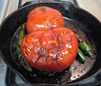 Time to remove the serranos and start peeling the tomatoes.