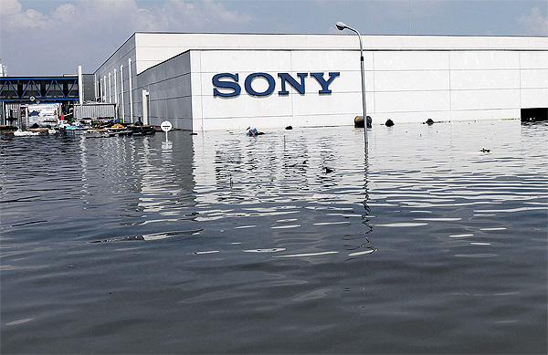 Sony's sensor manufacturing plant in Thailand submerged under flood waters roughly 3 meters (~10ft) high, 25 October 2011. The shutdown of the 502,000 square foot, 3,300 employee plant doesn’t just affect Sony, as other companies — including Nikon and Apple (in the iPhone 4S) — rely on Sony image sensors as well. Pattarachai Preechapanich / The Bangkok Post