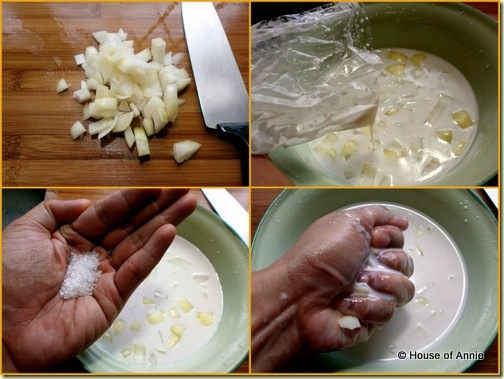 Mixing onions coconut milk and salt