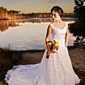 by Cody Miller - Wedding Bride ( clouds, water, beautiful, romantic, lake, romance, love, bridal, dawn, fog, wedding, mother's gown, bride, generation )