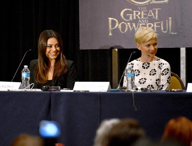 SAN DIEGO, CA - JULY 12:  Actresses Mila Kunis (L) and Michelle Williams speak at the "Oz: The Great and Powerful" interviews during Comic-Con International 2012 at Hilton Bayfront Hotel on July 12, 2012 in San Diego, California.  (Photo by Alberto E. Rodriguez/WireImage)