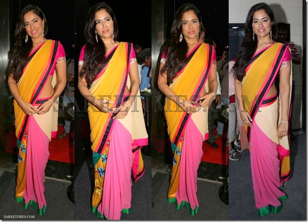 Sameera_Reddy_Yellow_Pink_Saree