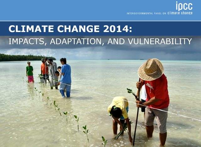 The cover of the IPCC report, 'Climate Change 2014: Impacts, Adaptation, and Vulnerability'. The photo shows people planting mangrove seedlings as a classroom project in Funafala, Tuvalu. Photo: David J. Wilson / IPCC