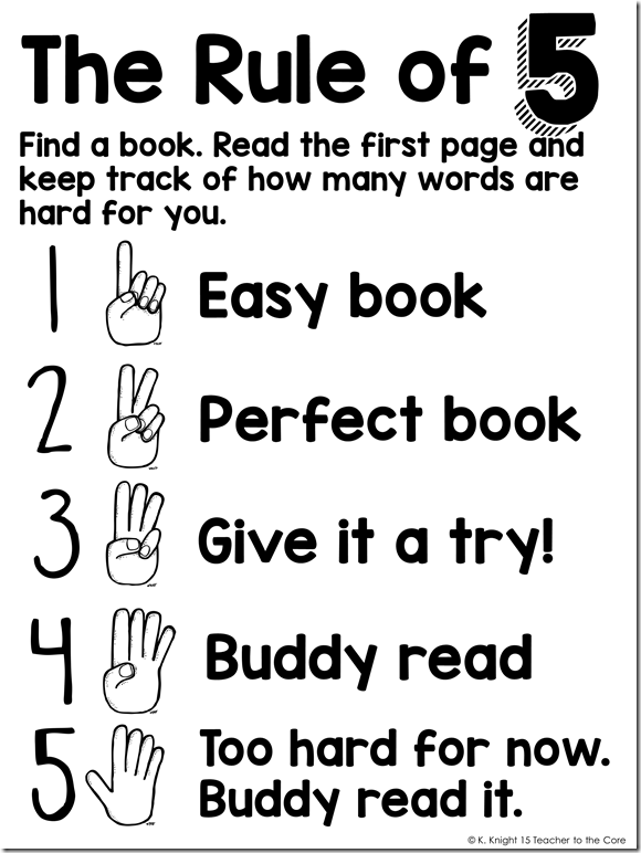 Rule of 5 poster will help students understand how to choose just right books. A freebie from Teacher to the Core