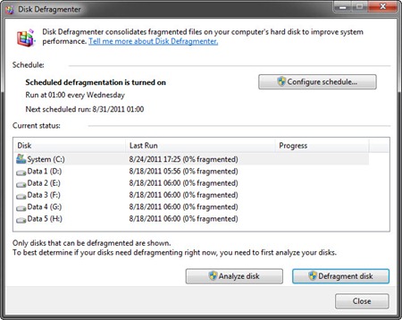 Tampilan aplikasi Disk Defragmenter Tampilan aplikasi Disk Defragmenter