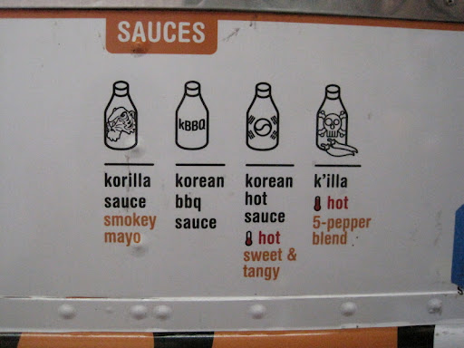 The sauces available at Korilla BBQ for your burrito, taco or chosun bowl. Sierra recommends the korilla sauce.