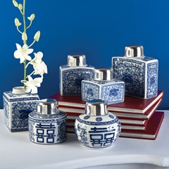 set of six blue and white canton tea jars