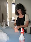 Corinne stuffing the ring pillow with batting.