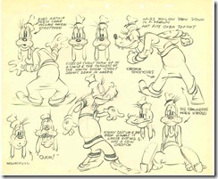 From an unknown film.  Goofy model sheet.  Excellent model sheet of Goofy in various poses. Notes: Looks to be original with some red pencil and circle sketching.  Back: Number "37" on back. Many comments on the moods that are being described: "Eyes retain their same volume when stretched."  [Item: 12"W x 10"H; Frame: 21”W x 19”H]   Acquired 1998.  SeqID-0296   Updated: 7/27/2005<br /><br />Other comments: "Sides of snout turn up in a smile & the corners of the mouth show -- snout droops down in anger"; "Hairs follow brow down in a frown"; "Hit fits over top not"; "Crotch stretches"; "Mouthful"; "Ouch!"; Every costume the Goof wears is loose fitting & has a low crotch"; "Big shoulders when needed"<br />11/14/2000 Stu: "This is an amazing image, if it is the actual model sheet and not a tracing.  If traced, then the value is about 1/2.  Stu found the image in Walt Disney's Original Illustrated Biography, Chapter "Bringing Goofy to Life" Published in 1985.  HP Books, Tucson AZ.  The image is identical to that in the book.  If original, then the value would be $6-8,000.