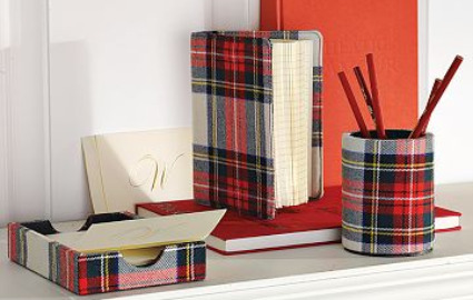Williams Sonoma home tartan desk accessories are a great addition to any desk.