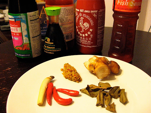 Some of the ingredients we used: hot and sweet chili sauce, a dark soy sauce, fish and regular soy sauce. On the plate (clockwise from left): small red chiles, lemongrass, our homemade curry paste, galangal, and dried kaffir lime leaves.