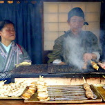 traditional food stand selling meat on a stick at Edo Wonderland in Nikko, Japan 