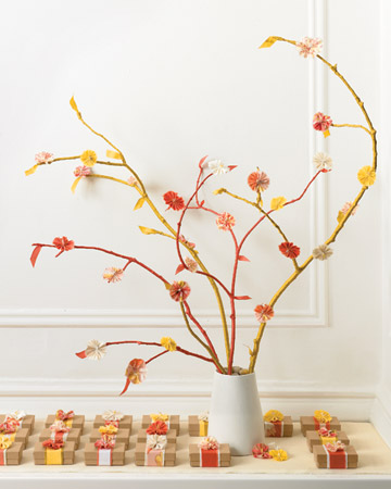 Create a lasting bouquet she can display anytime. A bunch of branches wrapped in seam binding and bedecked with fabric flowers makes a striking alternative to a traditional floral arrangement. (marthastewart.com) Create a lasting bouquet she can display anytime. A bunch of branches wrapped in seam binding and bedecked with fabric flowers makes a striking alternative to a traditional floral arrangement. (marthastewart.com)