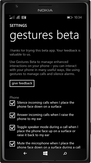 Gestures Beta Settings Page - Windows Phone Lumia (www.kunal-chowdhury.com)
