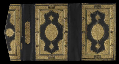 Book cover | Origin: Turkey | Period: 17th century Ottoman period | Details: An inscription, "Only the pure may touch it," suggests that this fine leather binding was intended for a copy of the Koran, although similar covers were used for secular manuscripts. Gold leaf highlights were created on block stamps, then pressed into the leather to leave a finely sculpted impression. The lavish application of gold leaf underlines the importance of manuscripts, such as the Koran, in the Islamic world. | Type: Gilded leather over pasteboards | Size: H: 22.0 W: 40.6 cm | Museum Code: S1986.16 | Photograph and description taken from Freer and the Sackler (Smithsonian) Museums.