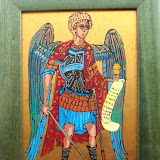 Archanioł I - Jadwiga Piżl; akryl na szkle; wymiary: 28x36,5cm; drewniana rama