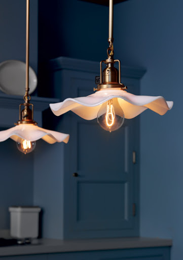 Rejuvenation's scalloped shade with George Industrial Pendant. In order to get this shape, the shade is first shaped as a dome, then pressed flat and then scalloped. Rejuvenation's scalloped shade with George Industrial Pendant. In order to get this shape, the shade is first shaped as a dome, then pressed flat and then scalloped.