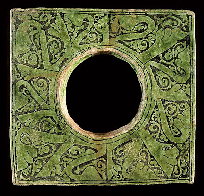 Tile | Origin: Eastern Mediterranean | Period: 11th century | Collection: The Nasli M. Heeramaneck Collection, gift of Joan Palevsky (M.73.5.218) | Type: Ceramic; Architectural element, Earthenware, incised in champlev technique, white engobe, underglaze painted, 8 3/4 x 8 3/4 in. (22.23 x 22.23 cm)