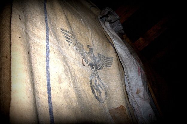 Nazi swastika symbol with eagle on flour bag Nazi swastika symbol with eagle on flour bag