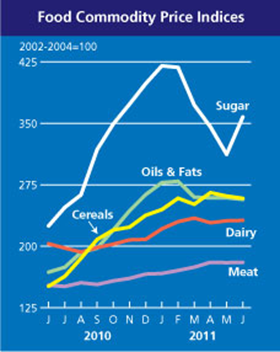 Food commodity price indices for sugar, oils & fats, cereals, dairy, and meat, 2010 - June 2011. fao.org