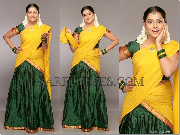 Yellow And Green Traditional Half Saree Sareetimes Designer half saree collections which meets south and north.in south indian half saree they have done north indian work which looks more elegant. yellow and green traditional half saree sareetimes