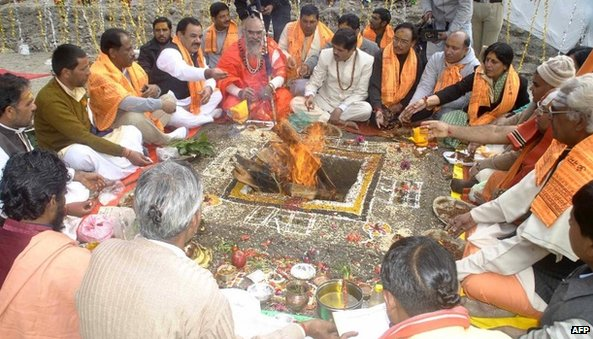 Prayers resume at India's Kedarnath shrine after floods and landslides in June 2013. The temple at Kedarnath in Rudraprayag district is famous for its temple of Shiva, the Hindu god of destruction. But it was damaged by the floods and landslides in June that affected more than 4,000 villages in the state. The prayers at Kedarnath began with a 'purification' ceremony. Photo: AFP