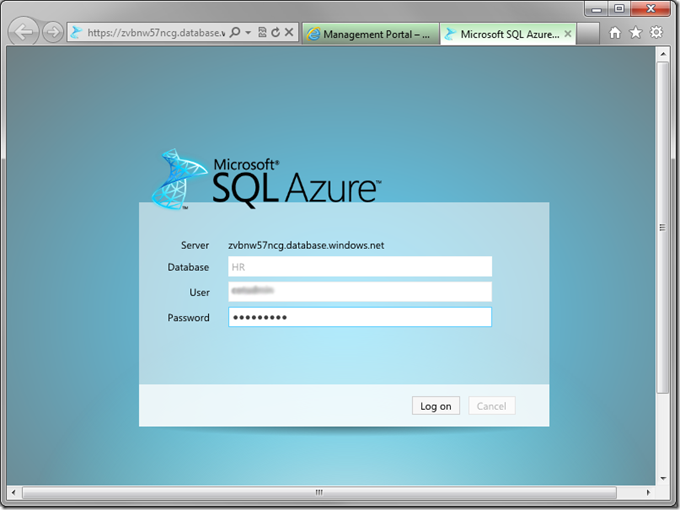 Log in to Microsoft SQL Azure database management site