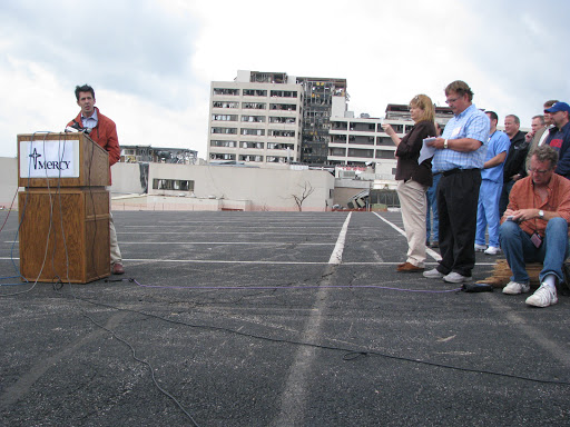 Mercy Health System's CEO Lynn Britton during the press conference at St. John's Regional Health Center in Joplin (seen in background). 
(Photo credit: Jennifer Moore)