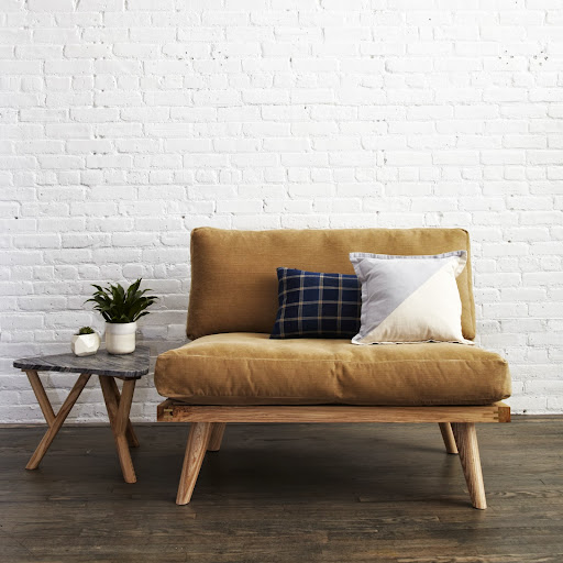 Double Chair: Oiled Ash with Brass Inlay. Deep tan corduroy (available in other fabrics).