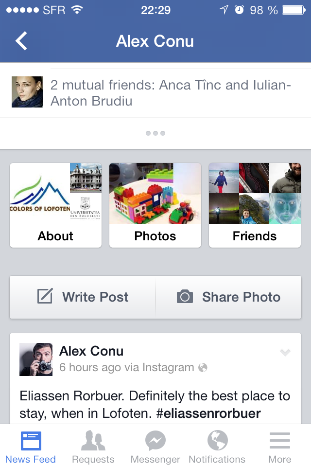 User profiles Facebook 8.0 on iOS: bottom section
