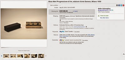 Progressione di Tre sculpture, Enzo Mari for Danese 1959 cubes eBay final bid screen