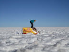 We managed to persuade the driver and guide to take us back to the salt flats for one last attempt at those depth of field trick photos. Here's Hails shouting at a giant bar of chocolate.