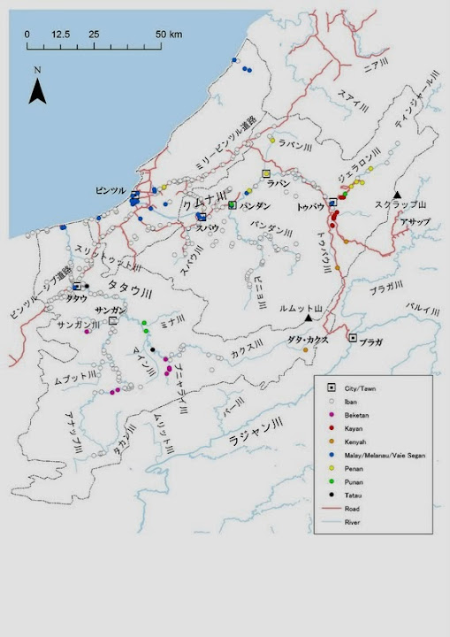 図3:　クムナ川、タタウ川流域における村落分布 / Fig3: Distribution map of villages and communities along Kemena and Tatau Rivers