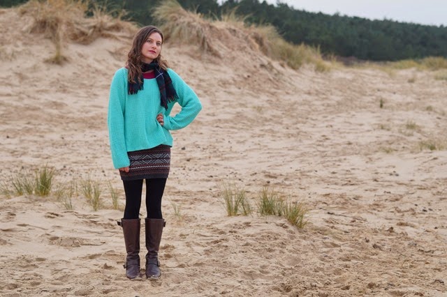 sweater weather mint pastel jumper aztec knitted skirt on a sandy beach