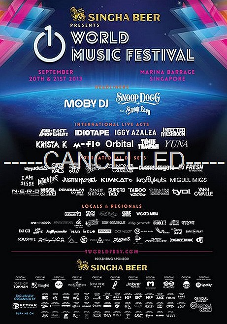 1 World Festival Singapore cancelled F1 2013 Weekend party MOBY DJ Snoop Dogg Far East Movement, Iggy Azalea, Cosmic Gate, Tinie Tempah, Yuna, Orbital, Infected Mushroom, Pendulum, Sub Focus, Cobra Starship, T-Pain, yuna