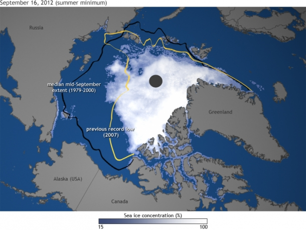 Satellite view of Arctic sea ice at the summer minimum, 16 September 2012. The world lost record amounts of Arctic sea ice in 2012 and spewed out all-time high levels of greenhouse gases by burning fossil fuels. Graphic: NOAA