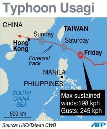 The forecast track of Typhoon Usagi heading toward southern Taiwan and Hong Kong, 21 September 2013. Graphic: HKO / Taiwan CWB